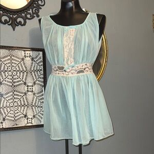 Sheer Light Blue Lace-Trim Babydoll teddy